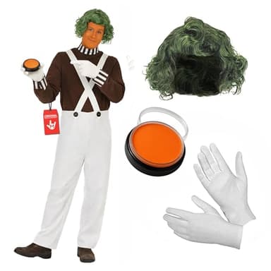 fun shack Chocolate Factory Worker Costume for Adults, Chocolate Factory Costume, Outfit with Wig, Dungarees and Face Paint, Halloween Costumes for Men, Funny Adult Costumes for Men, L