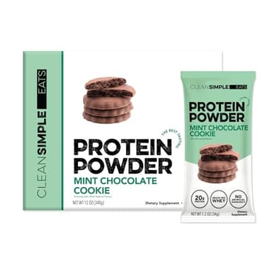 Clean Simple Eats Whey Protein Powder, Mint Chocolate Cookie Flavor, Naturally Sweetened, 100% Grass Fed Protein Powder with Digestive Enzymes, No Artificial Ingredients, Gluten Free, 10 Stick Packs