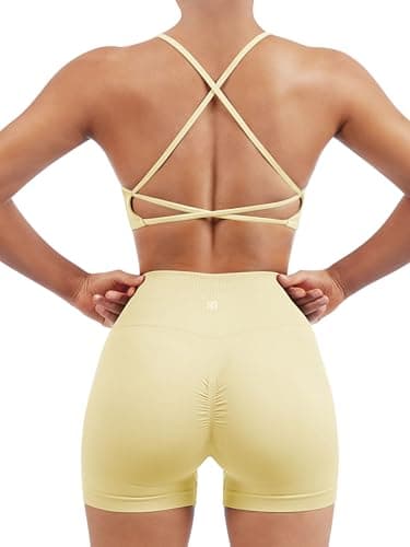 SUUKSESS Women Seamless 2 piece Workout Sets Strappy Padded Sports Bra Booty High Waisted Shorts Outfits (Pale Yellow,XS)