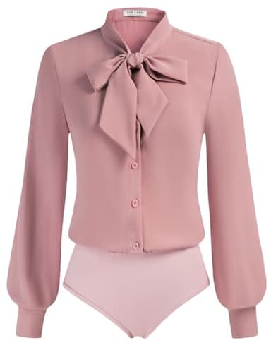 Kate Kasin Women Long Sleeve Pink Bodysuit Bow Tie Neck Blouse Button Down 2026 Fall Tops Business Casual Body Suit M