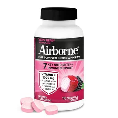 Airborne Vitamin C 1000mg (per Serving) - Very Berry Chewable Tablets (116 Count in a Bottle), Gluten-Free Immune Support Supplement, with Vitamins A C E, Zinc, Selenium, Ginger, Antioxidants