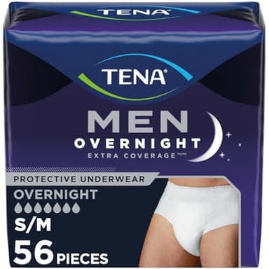 Tena Men Overnight Extra Coverage Incontinence Underwear, Masculine and Discreet, S/M, 56 Count (Waist Size 34in-50in)