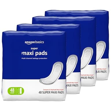 Amazon Basics Maxi Pads for Periods- Thick, Super Absorbency, Unscented, 192 Count, (4 Packs of 48)
