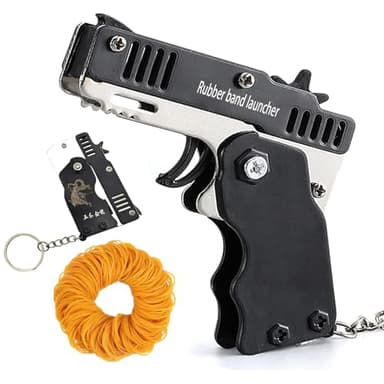 QKUDNGHY Kids Toys Cool Keychain Mini Metal Folding Rubber Launcher Toy with 60 Elastic Rubber Bands for Outdoor Activities (Black)