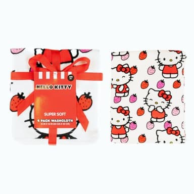 Hello Kitty Washcloths 4 Pack – 100% Cotton Super Soft Face Cloths for Makeup Removal & Skincare – Cute Sanrio Strawberry Design – 13” x 13” (Officially Licensed Product) by Franco