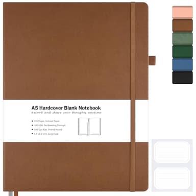 Blank Notebook, Hardcover Sketch Book, 8.5 x 5.5 Large Blank Journal, No Bleed Thick Paper Sketchbook for Drawing, Unlined Notebook Journal for Women Men School, A5 Leather Sketchbook, Lay Flat, Brown
