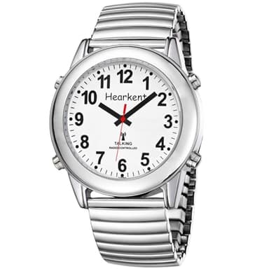 Hearkent Men's Atomic Talking Watch,American English Speaks Clear and Loud Time,Elastic Expansion Watchband,Best Gift for Seniors,Visually impaired or Blind People(Silver)
