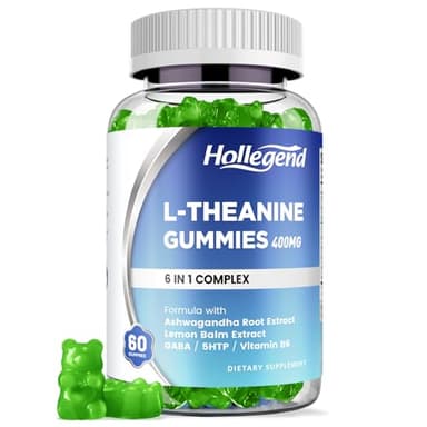 HOLLEGEND L-Theanine Gummies, l'theanine 400mg with Ashwagandha, GABA, 5HTP,L-Theanine Chewable Supplement for Relax, Zzz & Focus Support, Vegan, Lemon Flavor, 60 Counts
