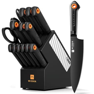 WIZEKA Kitchen Knife Block Set: 15 Pieces Extremely sharp Black Knife Set with Sharpener, Dishwasher Safe Knife Block Set Dark Vision Series