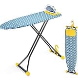 KINGBOARD Ironing Board, Compact Iron Board with Silicon Iron Mat, Heat Resistant Cover, 7 Height Adjustable, Foldable Ironing Board Wall Mount Hanger, 13x43 Yellow