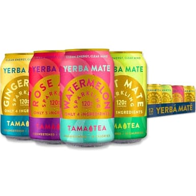 Organic Sparkling Yerba Mate, Unsweetened Yerba Mate Tea Variety Pack by Tama Tea - Sugar Free Energy Drink Alternative, 120mg of Natural Caffeine, 12 oz (12-Pack)
