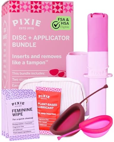 Pixie Cup - 100% Medical-Grade Silicone - Softest Reusable Period Disc - Inserts and Removes Like a Tampon - Capacity of 5 and 7 Tampons (Disc + Applicator Bundle)