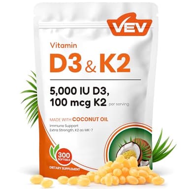 VEV Corefeel Vitamin D3 K2, 5000 IU D3 100mcg K2 (MK 7), 300 Softgels, 2-in-1 Vitamin D & K Supplement with Coconut Oil, Supports Calcium Absorption and Bone Health, Easy to Swallow
