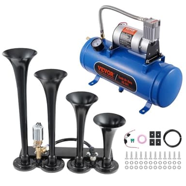 VEVOR 4 Trumpet Air Horn Kit, 150dB Train Horns for Pickup Trucks, 12V 120 psi Air Compressor 1.6 Gal/6 L Tank with Gauge for Any 12V Vehicle Car Truck Train Van Boat