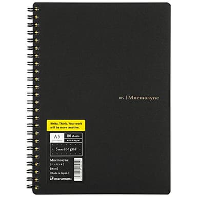Maruman Mnemosyne Dot Grid Notebook- A5, 8.27" x 6.34", 80 Sheets / 160 Pages, 5mm Dotted Journal, Perforated Pages & Wire-Bound to Lay Flat, Black, Made in Japan