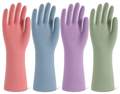 Rubber Cleaning Gloves for Dishwashing, 4 Pairs Reusable Kitchen Gloves for Washing Dishes and Household Cleaning, Colorful Dish Gloves with Flocked Lining and Non-Slip Grip, Pefect for Woman Men - M