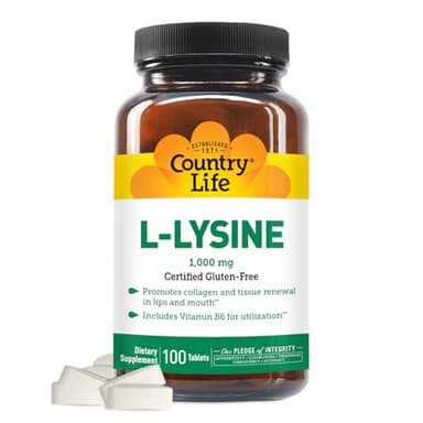 Country Life L-Lysine 1000mg with B-6, Supports Immune Health, Promotes Collagen Renewal in Lips and Mouth, 100-Count, Certified Gluten Free, Certified Vegan