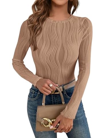 PRETTYGARDEN Women's Tops 2026 Spring Fashion Long Sleeve Crewneck Blouse Fitted Textured Basic Knit T Shirt Y2k Clothes(Khaki,Medium)