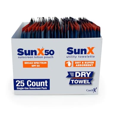 CoreTex Sun X 50 Broad Spectrum Sunscreen Packets & Dry Towels Duo Kit - Pack of 25 Paraben, Oxybenzone, Octinoxate, & Oil Free Sunscreen - No White Cast and Water Resistant Up to 80 Minutes