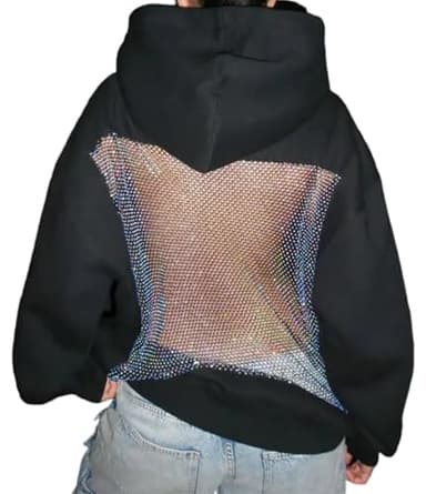 LETSVDO Women's Oversized Crystal Mesh Back Hoodie Sweatshirt Fall Sexy Hollow Out Rhinestone Cutout Tops Night Party Outfits