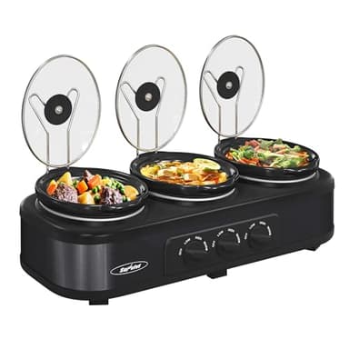 Sunvivi Triple Slow Cooker Buffet Servers and Warmer,3 Pot Food Small Mini Manual Slow Cooker with Adjustable Temp Stainless Steel Lid Rests,Removable Ceramic Pot, 3 * 1.5 Quarts Black