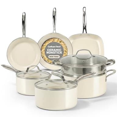Gotham Steel 12 Pc Ceramic Cookware Set Nonstick, Ceramic Pots and Pans Set Non Stick with Steamer for Cooking, Non Toxic PFOA PFOS Free, Premium Stay Cool Handles, Oven & Dishwasher Safe