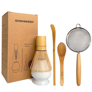 SHONMISEN Bamboo Matcha Whisk Set -Matcha Whisk (Chasen),Whisk Holder(White),Sifter,Tea Scoop and Tea Spoon