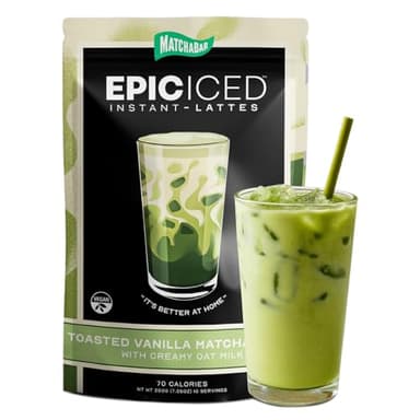 Matchabar Epic Iced Instant Latte Powder | Toasted Vanilla Matcha w/Oat Milk Base | Low Sugar, Non-Diary & Vegan Instant Iced Matcha Powder | Barista-Quality Creamy Latte Mix | 10 Servings