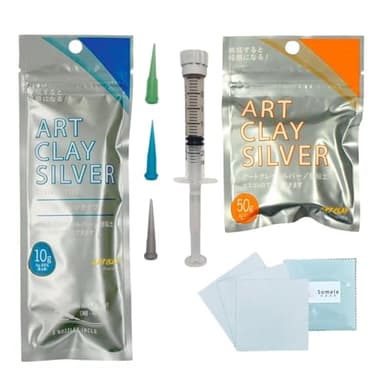 Art Clay Silver 50g, Syringe Type 10g (with 3 Tips) & Set of 3 Polishing Cloths A-0275,A-0281