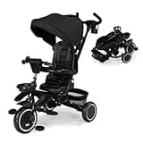 Kinder King Kids Tricycle, 8 in 1 Folding Toddler Trike w/Adjustable Push Handle, Rotatable Seat, Adjustable Canopy, Bell, Five-Point Harness, Storage, Toddler Stroller Bike for Age 6 Months+, Black