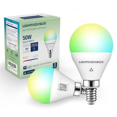 Lightinginside Matter E12 Smart Light Bulbs 50W Equivalent 5W 550LM, Compatible with Alexa/Siri/Apple Home/Google Home/SmartThings, G16.5 RGBCW Candelabra Ceiling Fan Bulb, 2.4G WiFi, ETL Listed, 2PCS