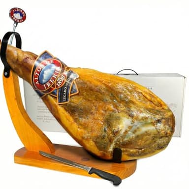 Altos de Iberia Serrano Ham Spain - With Ham Stand and Knife - Min Weight 14lb - 18 Months Avg Curing Time - Great Family and Friends Gift