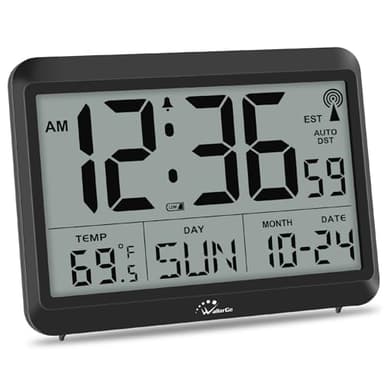 WallarGe Atomic Digital Wall Clock Battery Operated, Self-Setting, Large Display with Temperature, Date, Day of The Week, Silent Wall Mount Digital Clock, 4 Time Zones, DST