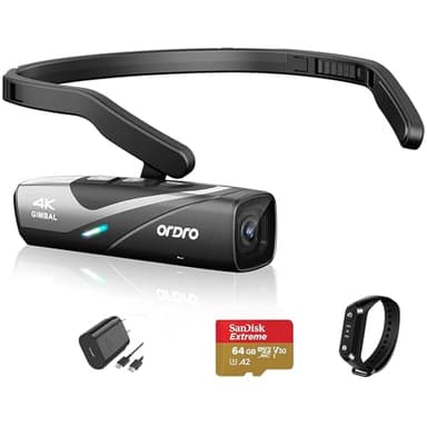 ORDRO EP8 4K 60FPS Head-Mounted Camera with 2-Axis Gimbal Stabilizer | Wearable Vlog Cam | Auto Focus, WiFi App & Remote Control | Includes 64GB Card