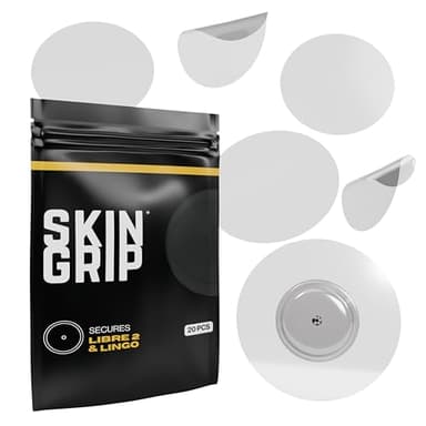 Skin Grip Freestyle Libre 2 Sensor Covers & Lingo CGM – Waterproof and Sweatproof Adhesive for 10-15 Days, Pre-Cut Medical Tape, Continuous Glucose Monitor Patch – 20 Pack, Clear