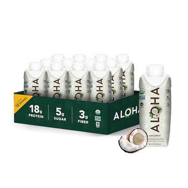 ALOHA Organic Plant-Based Protein Drink – Coconut Flavor | 18g Protein, 5g Sugar, 3g Fiber | Made with Creamy Coconut Milk, Fair Trade Certified, No Stevia | Vegan, Non-GMO, Gluten-Free, 11 fl oz (12 Pack)