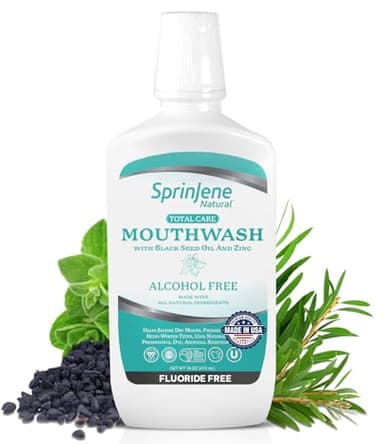 SprinJene Alcohol Free Mouthwash with Xylitol – Fluoride Free Natural Mouthwash for Dry Mouth, Whitening & Fresh Breath – Patented Black Seed Oil & Zinc Formula – Vegan & Made in The USA (1 Pack)