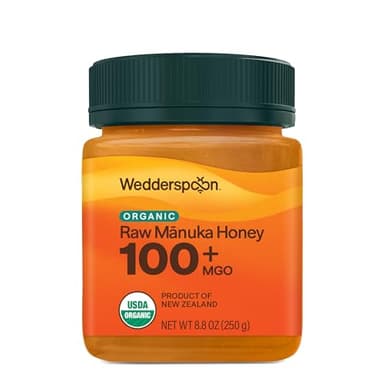 Wedderspoon Organic Raw Manuka Honey 100+ MGO, 8.8 Oz, Unpasteurized New Zealand Honey, Non-GMO, BPA-Free Jar, Superfood & Natural Wellness Support