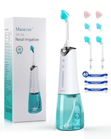 Nasal Irrigation System, Cordless Nasal Rinse Machine for Sinus Relief & Nasal Care, Electric Neti Pot with 6 Tips and 40 Salt Packs Nasal Irrigation Sinus Rinse System Kit for Adult & Kid