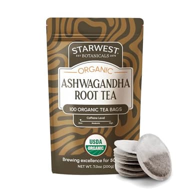 Starwest Botanicals Organic Ashwagandha Tea - Caffeine Free Herbal Tea, String Free Sachets, USDA Organic Ashwagandha Root, Non GMO - Bulk Pack, 100 Bags