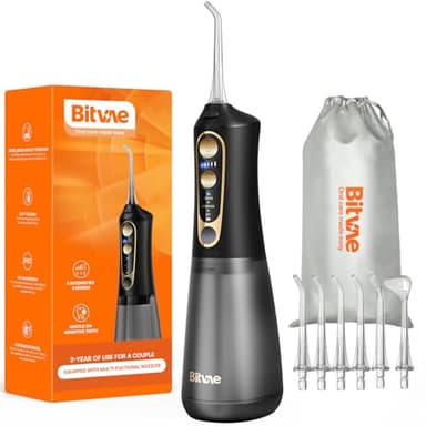 Bitvae C6 Water Dental Flosser for Teeth, Cordless Flosser for Travel with 6 Jet Tips, 3 Modes 5 intensities, IPX7 Waterproof Portable & Rechargeable Oral Irrigator Cleaner, Black