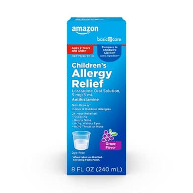 Amazon Basic Care Children’s Allergy Medicine, 24 Hour Loratadine Oral Solution 5 mg/5 mL, Non-Drowsy Antihistamine, Grape Flavor, Ages 2 and Older, 8 Fluid Ounces