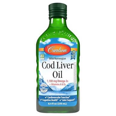 Carlson - Cod Liver Oil 1100 mg Omega-3s Plus Vitamins A & D3 - Wild Caught EPA DHA Omega 3 Supplement - Norwegian Arctic, Sustainably Sourced Nordic Fish Oil Liquid, Unflavored, 250 mL (8.4 Fl Oz)