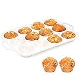 AOTASO 1 Pc Silicone Muffin Pan for Baking Nonstick 12 Cup Standard Size Cupcake Pan Silicone Cupcake Mold with Metal Reinforced Frame BPA Free (Cream)