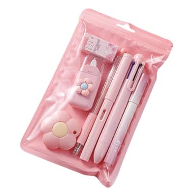 7 Pcs Cute Pink Stationery Set Kawaii School Supplies Office Supplies Including Ballpoint Pens Pencil Sharpener Highlighter Correction Tape Ruler Utility Knife (Pink)