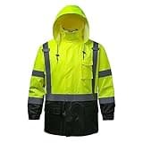 DPSAFETY Reflective Rain jackets for men waterproof,Hi Vis Safety Coat With Reflective Strips，High Visibility Class 3 Rain jackets With 2 large pockets，Zipper,Black Bottom Lime,SM/MD