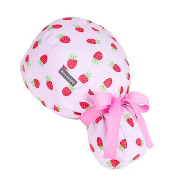 Satin Lined Scrub Cap for Women with Ponytail Hole & Buttons, Adjustable Surgical Nurse Hat with Cotton Sweatband for Long Hair (Pink Strawberry)
