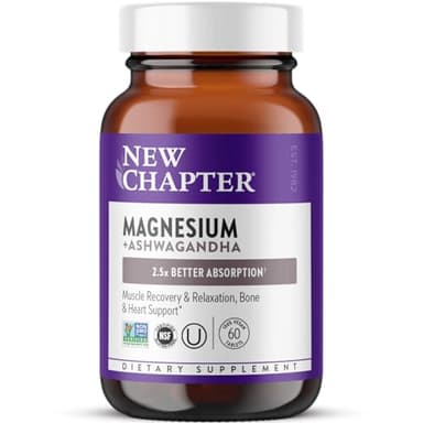 New Chapter Magnesium + Ashwagandha Supplement, 325 mg with Magnesium Glycinate for Muscle Relaxation & Recovery, Heart, Nerve & Bone Health, 2.5X Absorption, Non-GMO - 60 ct (2 Month Supply)