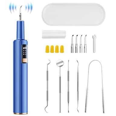 Plaque Remover for Teeth, Dental Tools, Teeth Cleaning Tools with 4 Replaceable Heads, 6-in-1 Dental Pick, LED Light, Waterproof, Rechargeable for Home & Travel Use