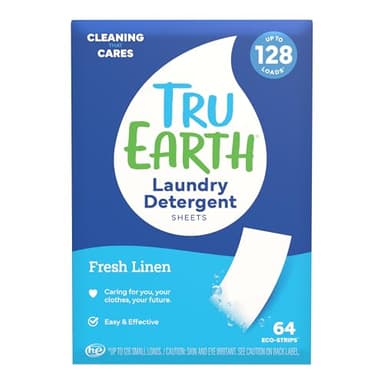 Tru Earth Compact Dry Laundry Detergent - Up to 128 Loads (64 Sheets) - Paraben-Free - Original Eco-Strip Liquidless Detergent, Travel - Fresh Linen | Packaging May Vary